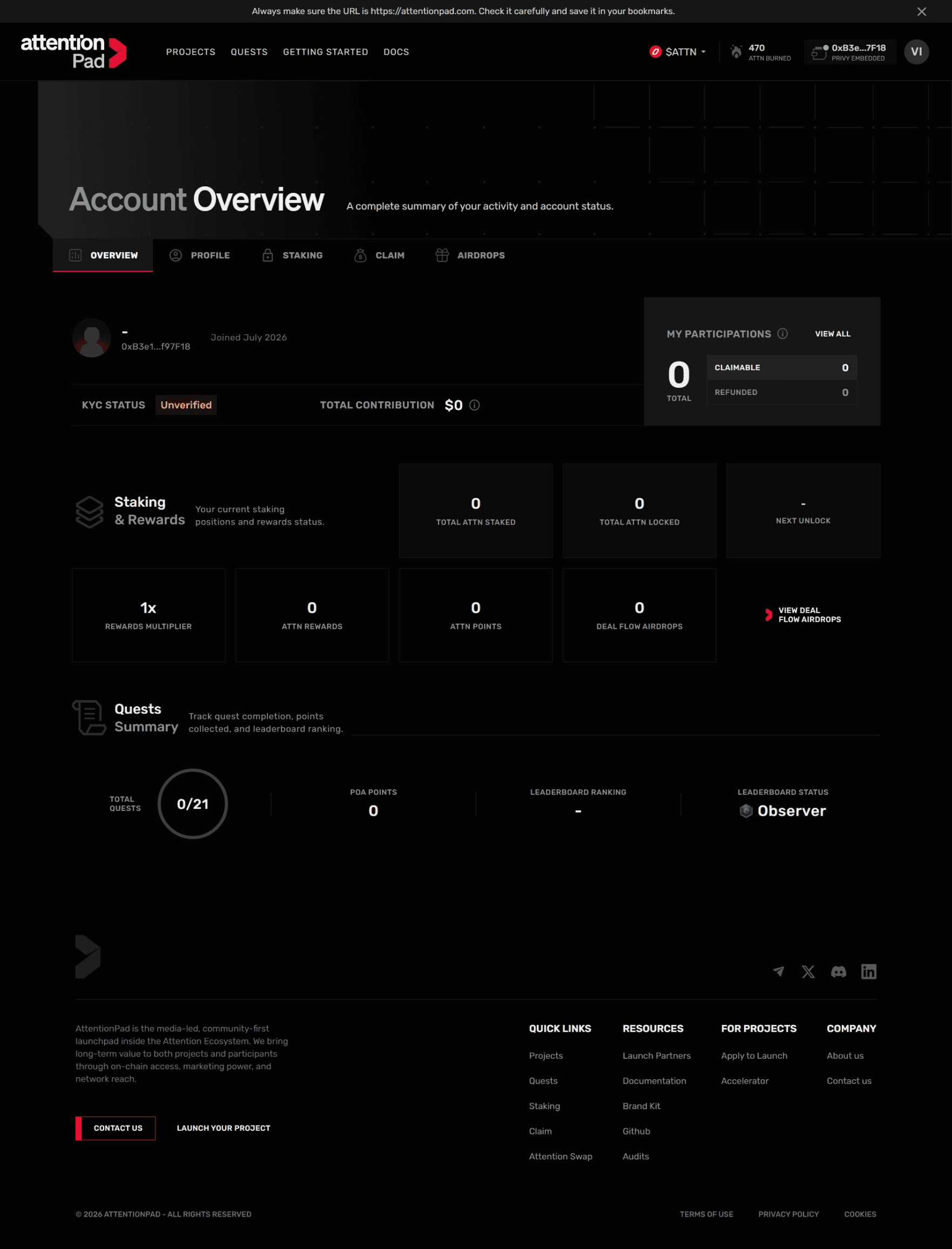 AttentionPad account overview page