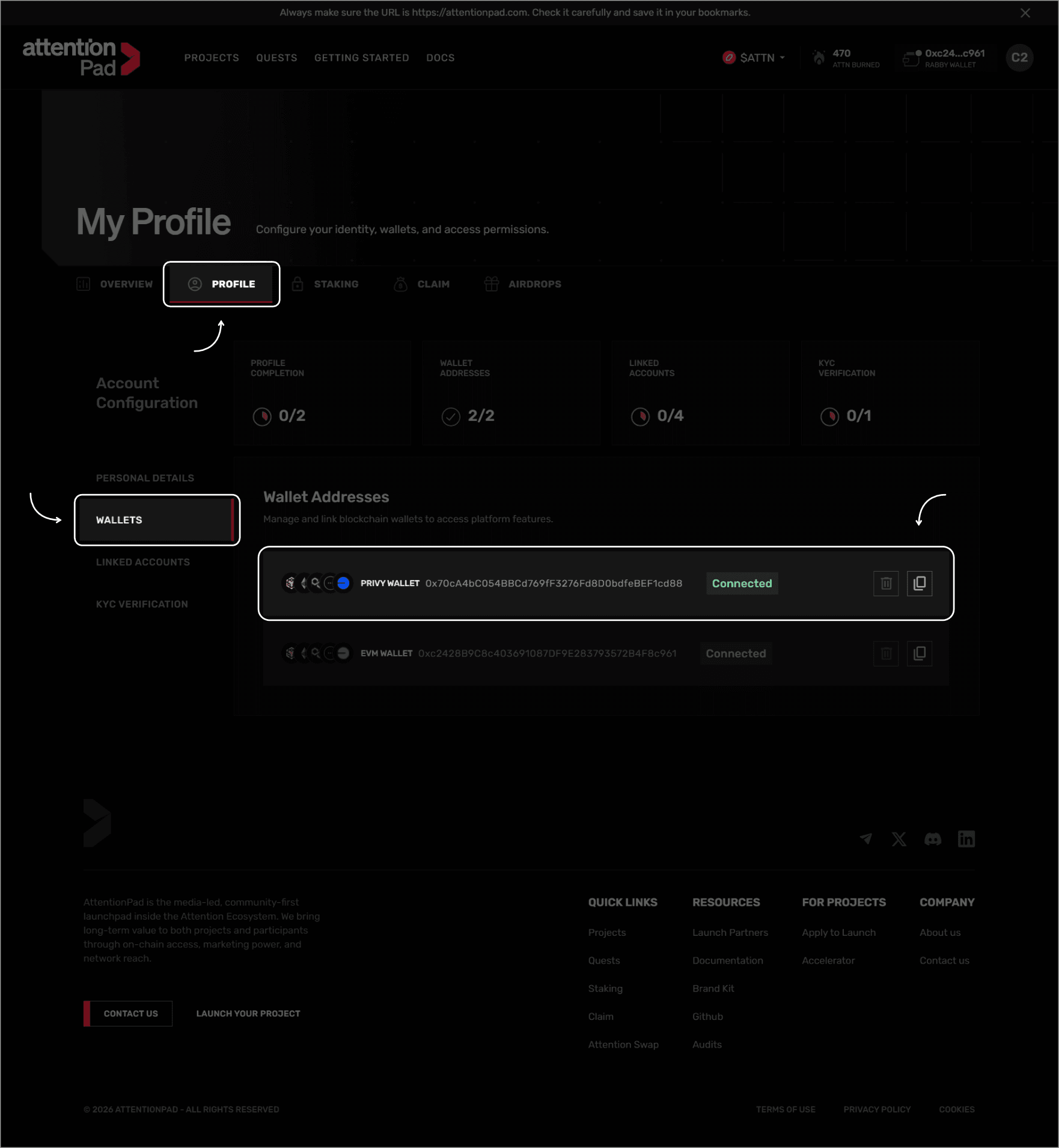 AttentionPad embedded wallet address